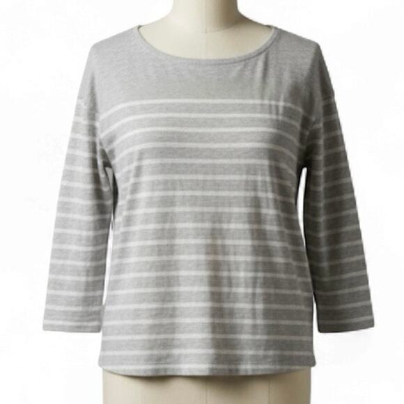 Old Navy L Gray White Striped 3/4 Sleeve Boat Neck T-Shirt Top - Picture 1 of 7